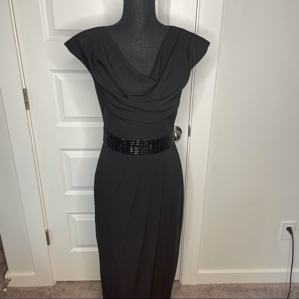 Badgley Mischka Collection Classic Black Tie Gown Cowl Neck Beaded Waistline 4